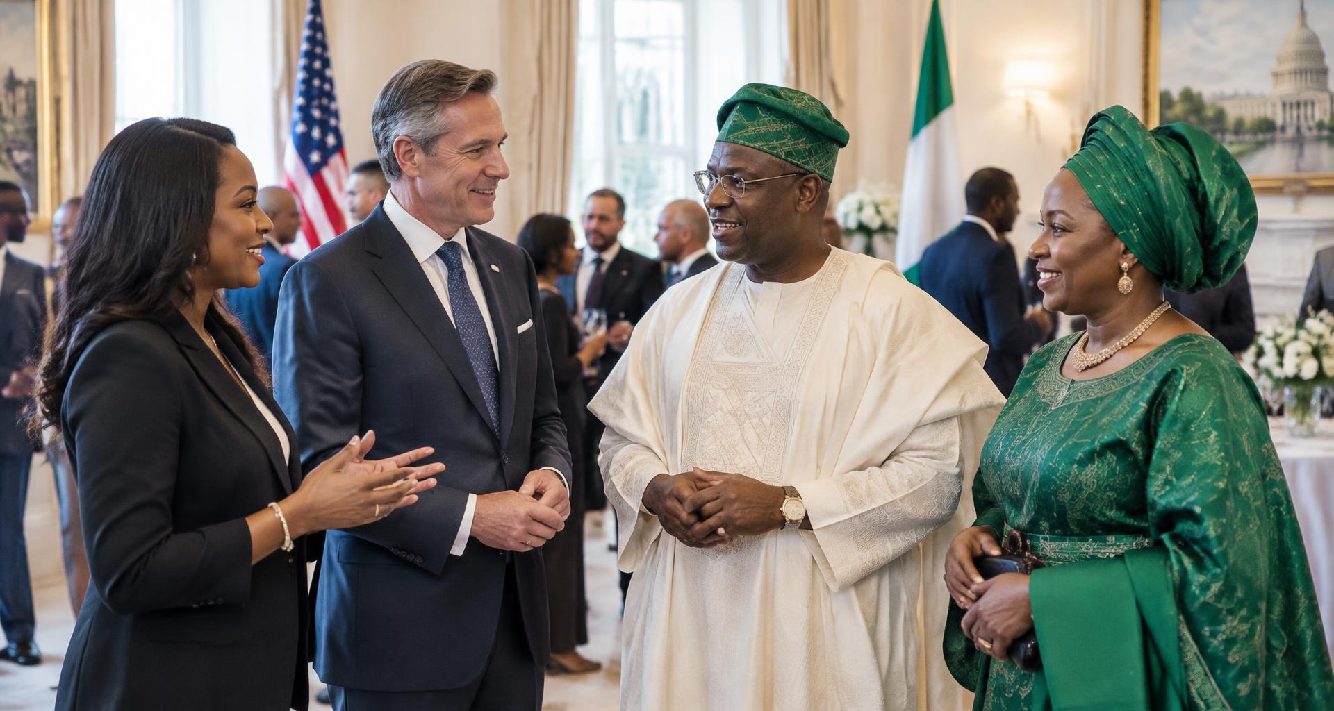 American business guests and Nigerian guests in agbada and gele networking
